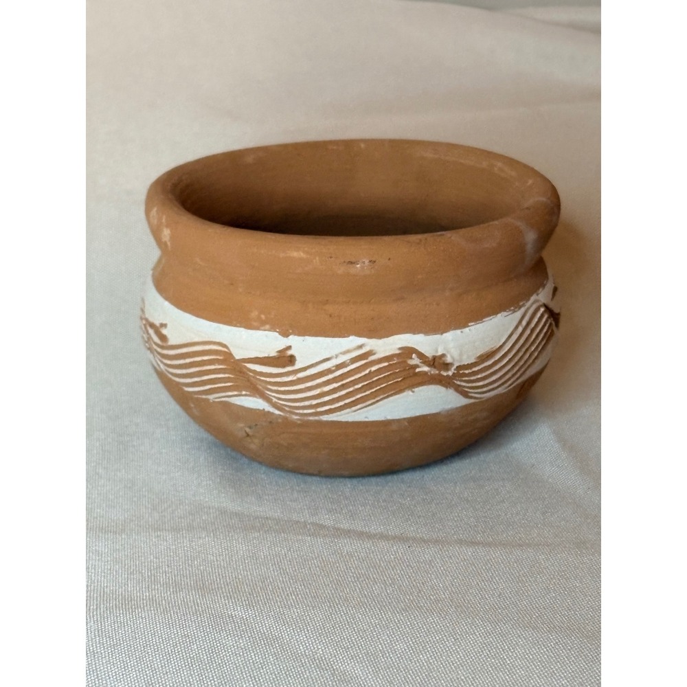 Handmade Terracotta Clay Pot Small Rustic Planter White Wavy Pattern 4 Inch - Picture 2 of 6